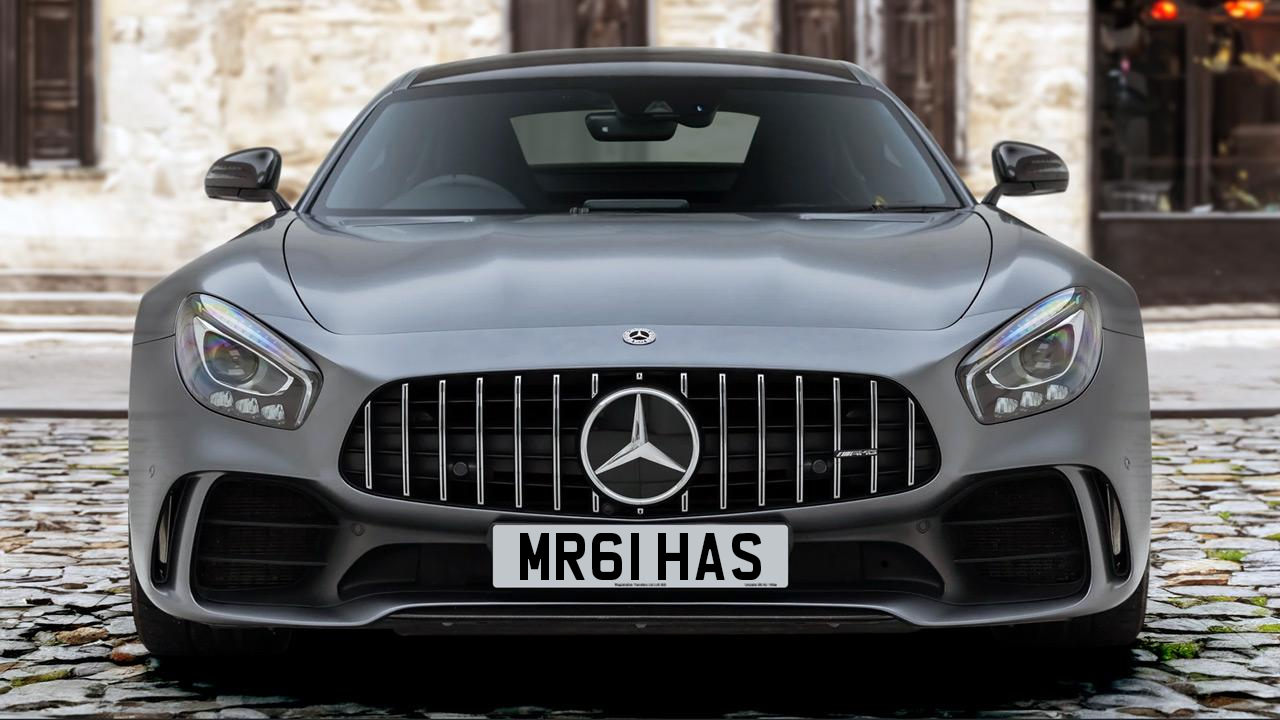 A Mercedes-Benz AMG GTR bearing the registration MR61 HAS